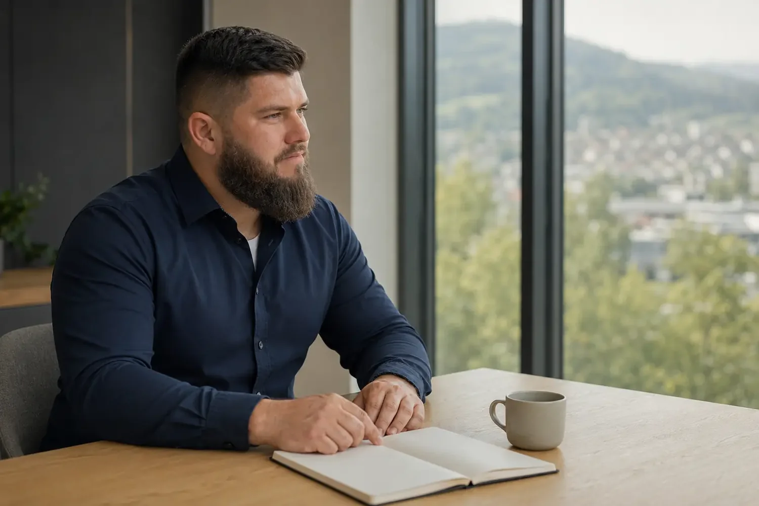 Person sitzt nachdenklich, aber gefasst am Fenster mit leerem Notizbuch