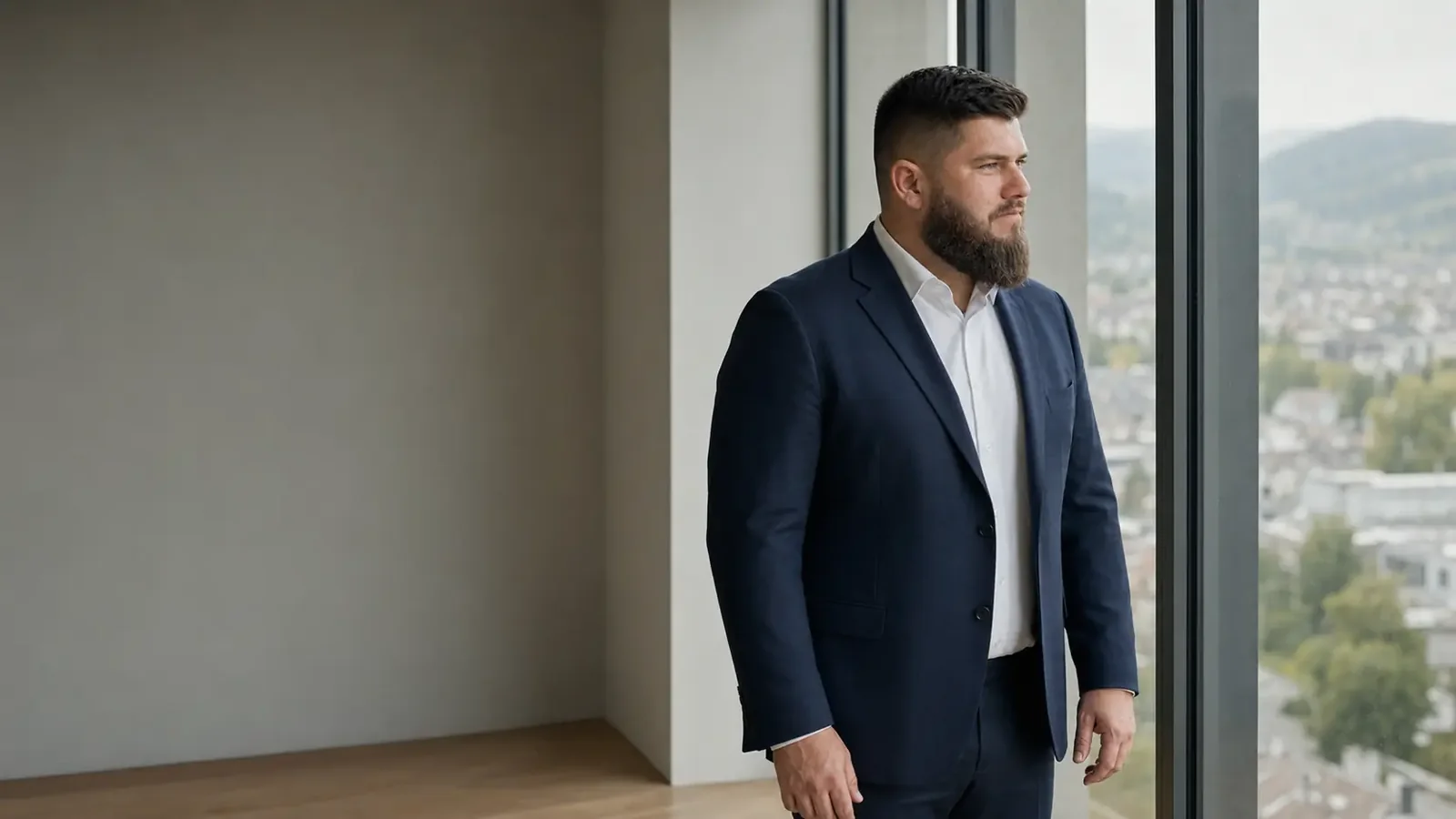 Artem Senik steht ruhig an einer Fensterfront mit Blick auf eine Schweizer Silhouette